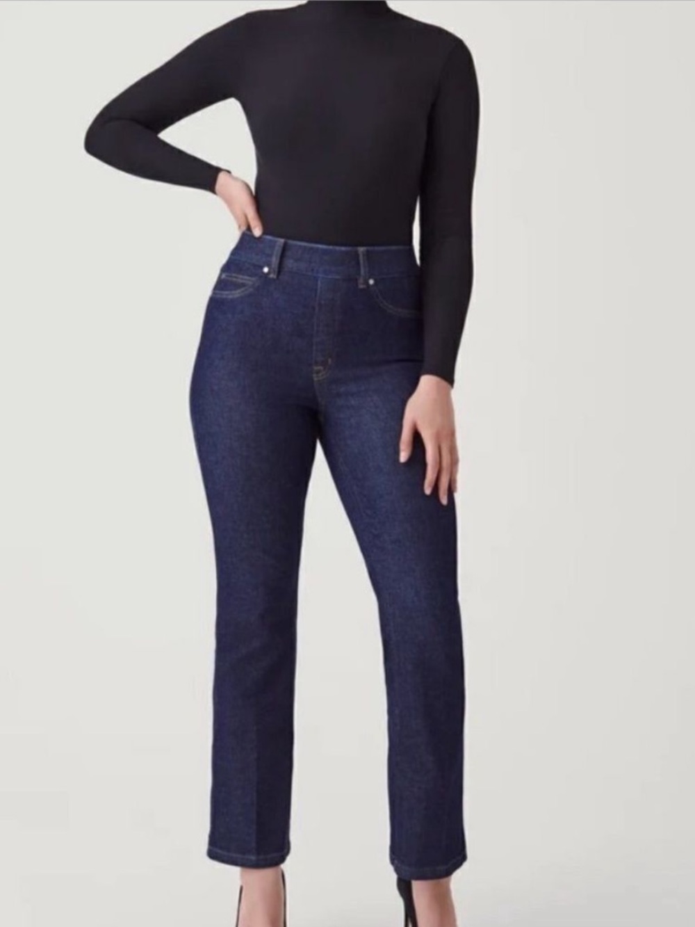Spanx Shaping Blue Jeans Womens L High Rise Pull On Flare Crop Dark Wash
